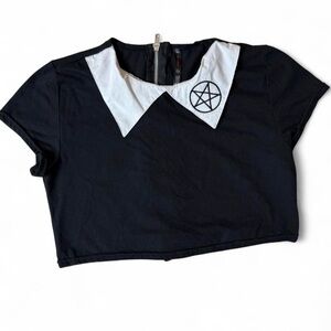 Black Crop Top with White Pointed Collar and Pentagram Accent